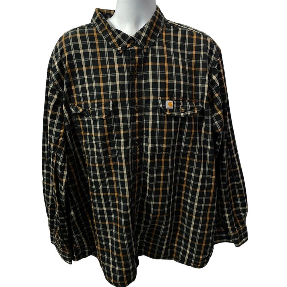CARHARTT RELAXED FIT FLANNEL — Black & Yellow Plaid Button Down Men's 3XL
